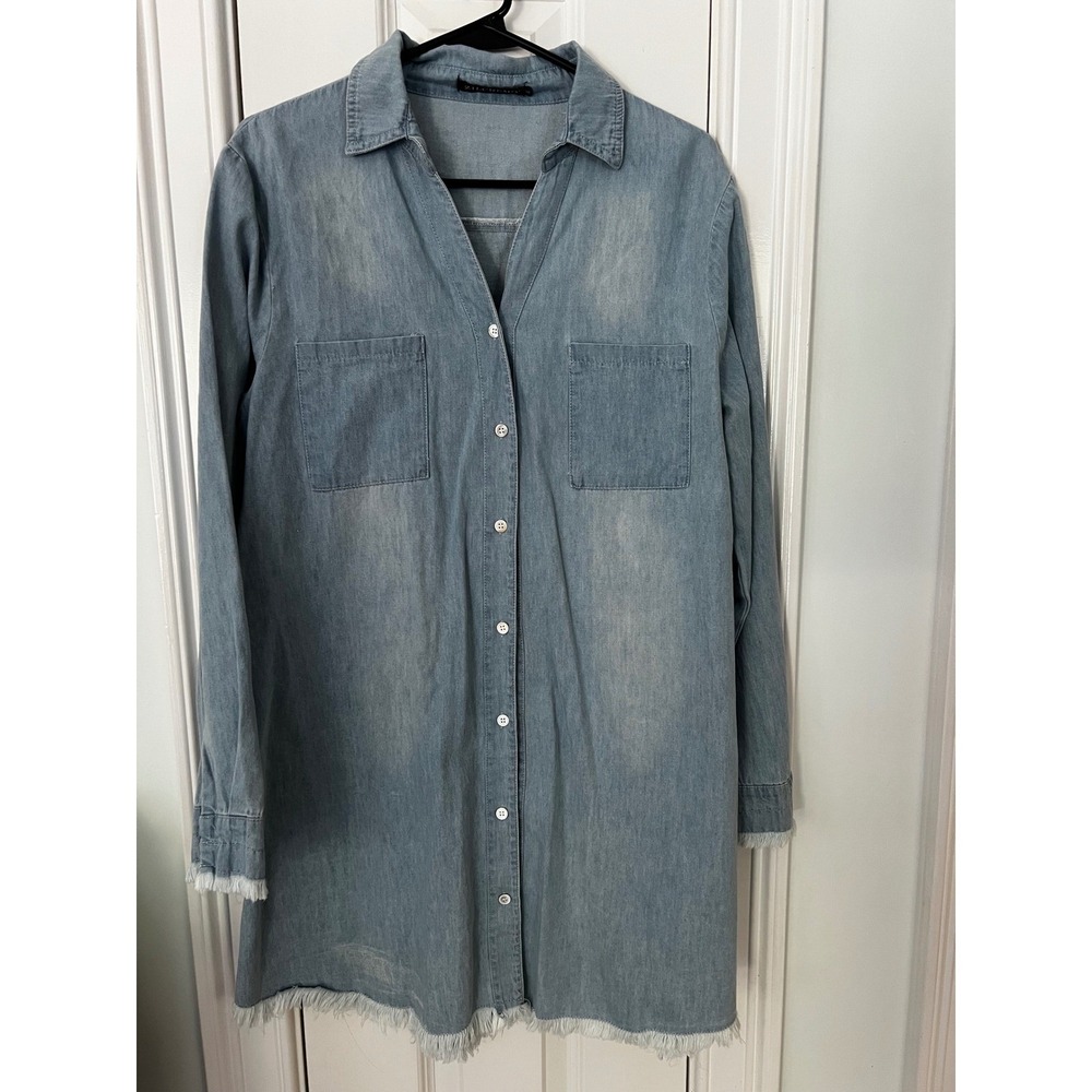 Zilcremo Womens Light Wash Denim Shirt Dress Frayed Hem Button Up XL